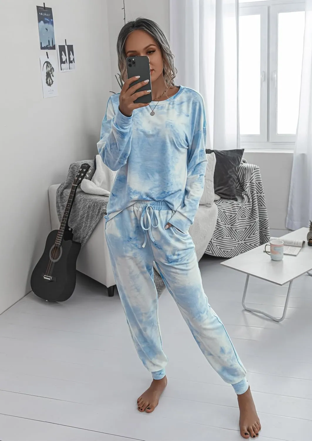 PRETTYGARDEN Women's Tie Dye Two Piece Pajamas Set Casual Long Sleeve Sweatshirt with Long Pants Loungewear