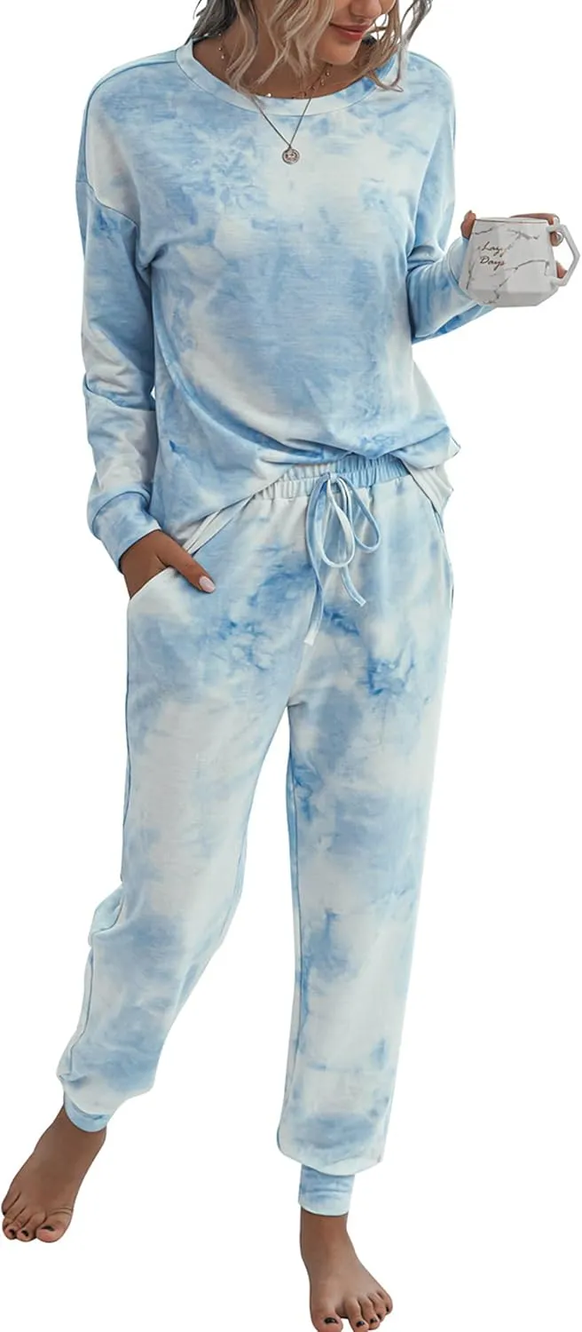 PRETTYGARDEN Women's Tie Dye Two Piece Pajamas Set Casual Long Sleeve Sweatshirt with Long Pants Loungewear