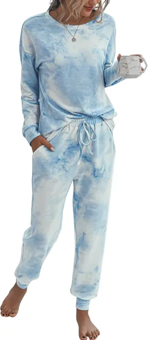 PRETTYGARDEN Women's Tie Dye Two Piece Pajamas Set Casual Long Sleeve Sweatshirt with Long Pants Loungewear