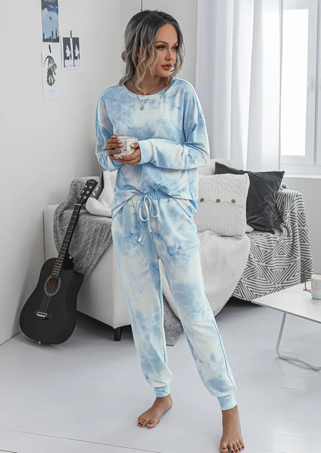PRETTYGARDEN Women's Tie Dye Two Piece Pajamas Set Casual Long Sleeve Sweatshirt with Long Pants Loungewear