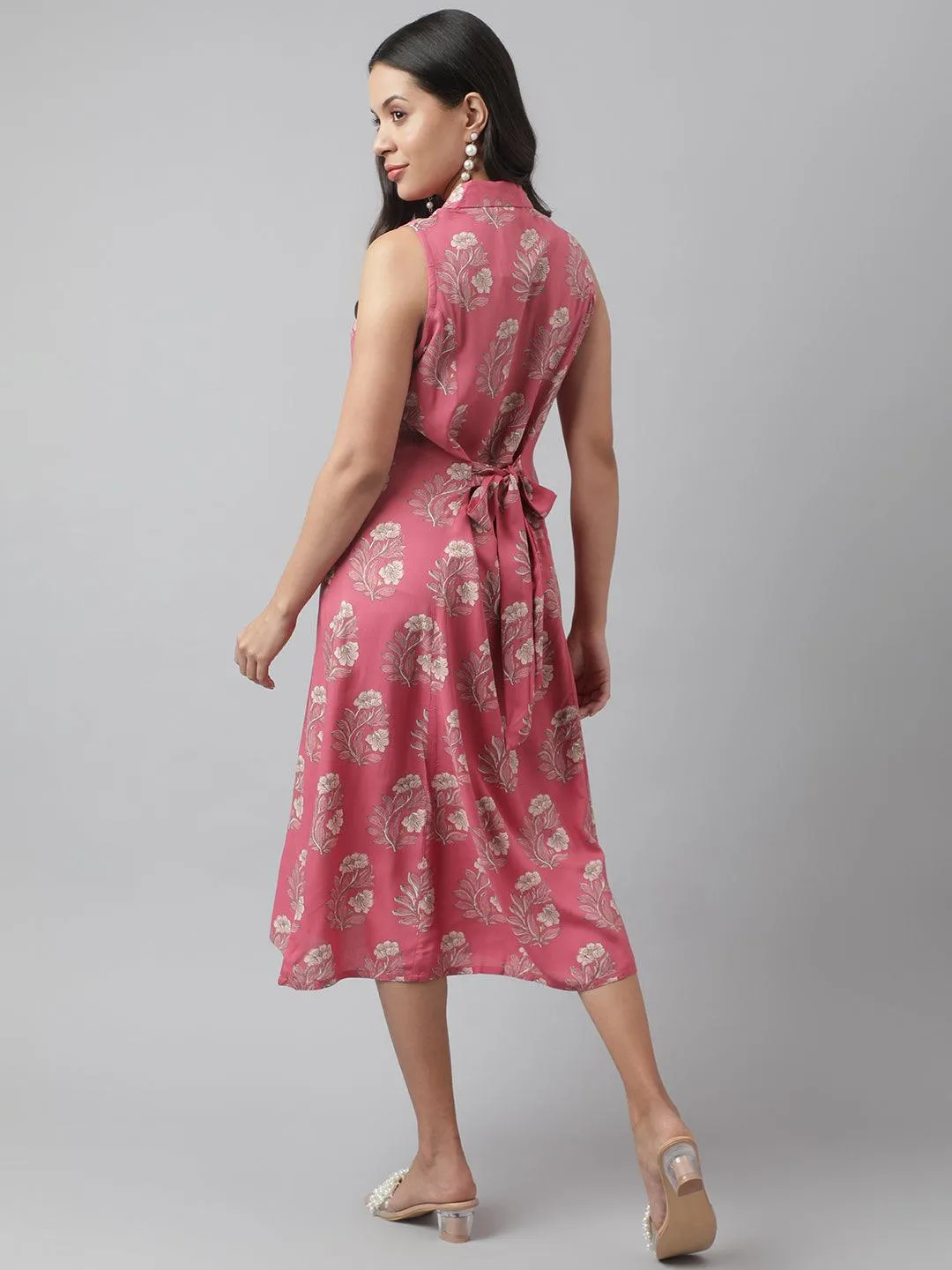 Rayon Rose Pink A-Line Floral Printed Midi Dress