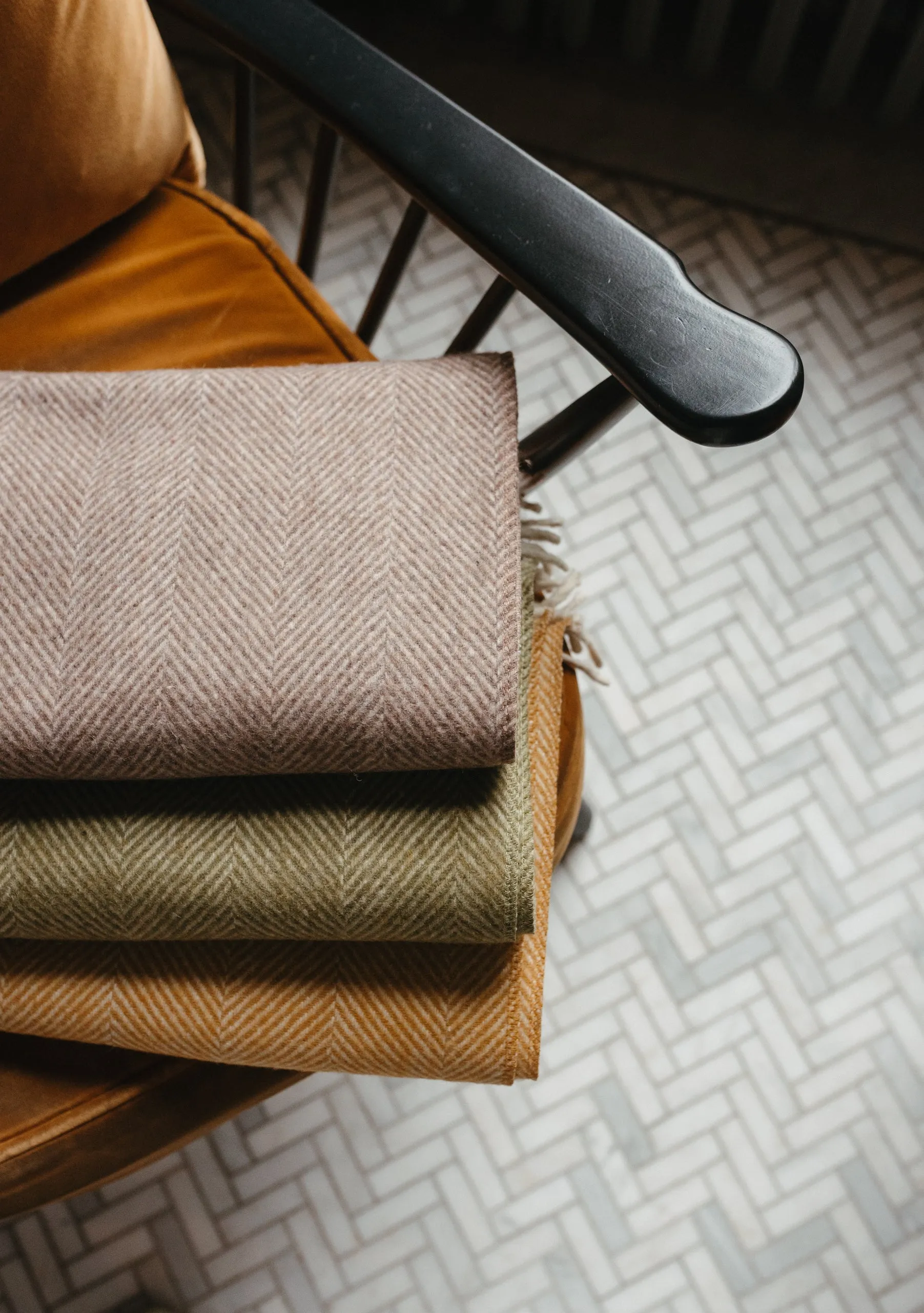 Recycled Wool Extra Large Blanket in Mustard Herringbone