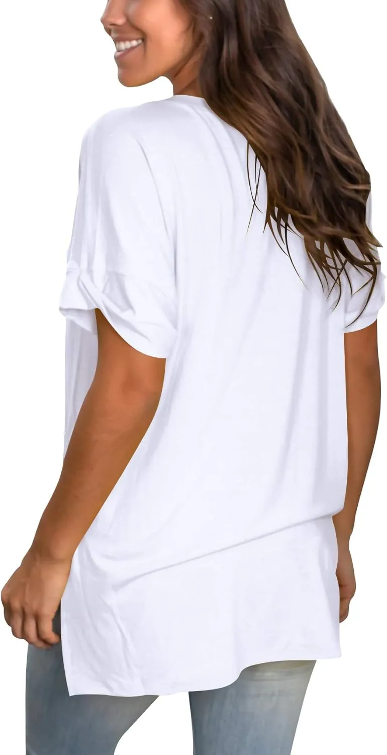 SAMPEEL Women's V Neck T Shirts Casual Rolled Short Sleeve Side Split Summer Tops Loose Fit