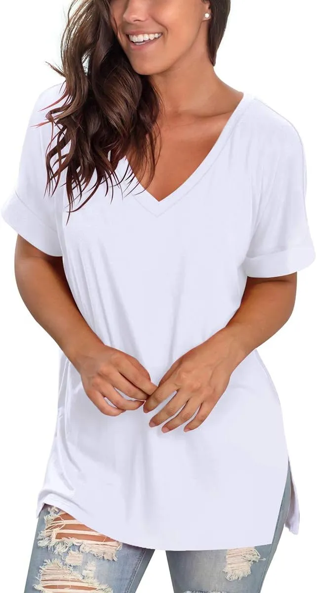 SAMPEEL Women's V Neck T Shirts Casual Rolled Short Sleeve Side Split Summer Tops Loose Fit