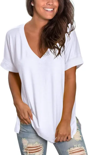 SAMPEEL Women's V Neck T Shirts Casual Rolled Short Sleeve Side Split Summer Tops Loose Fit