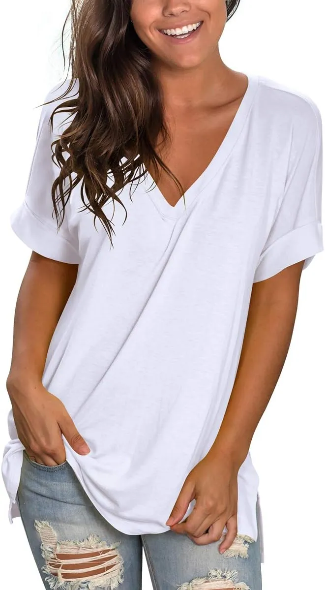 SAMPEEL Women's V Neck T Shirts Casual Rolled Short Sleeve Side Split Summer Tops Loose Fit