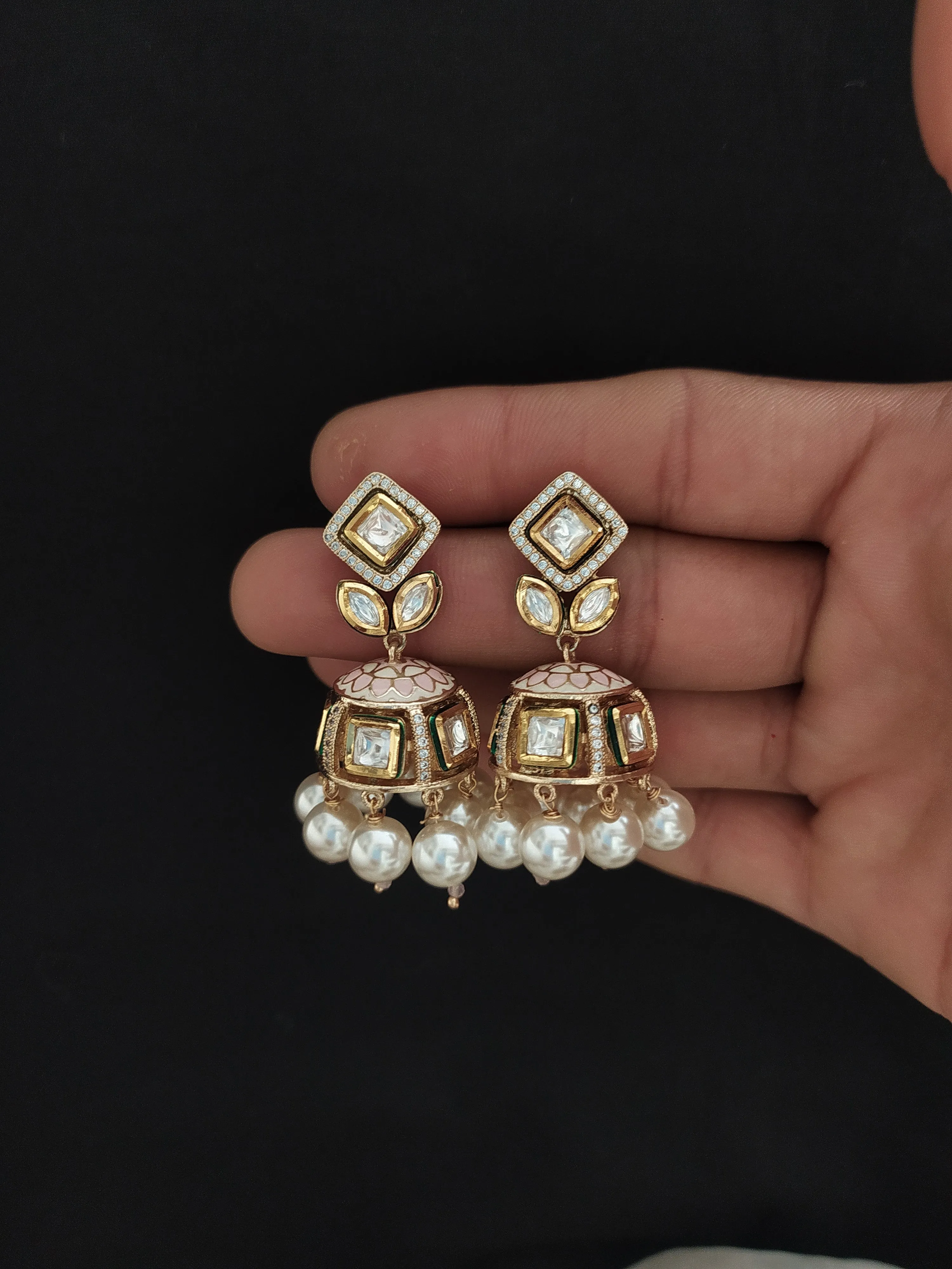 Small Kundan Meenakari Jhumki with Pearl Drops