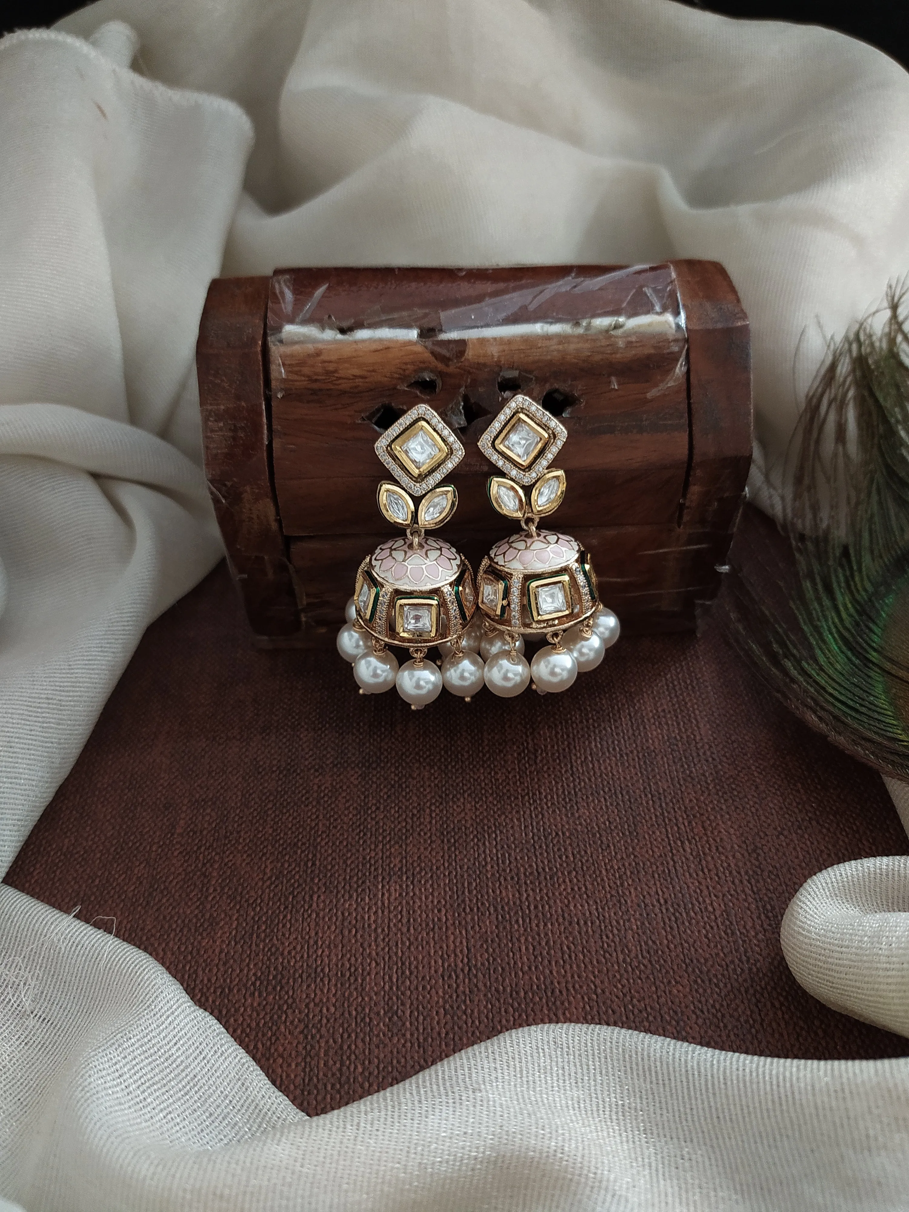 Small Kundan Meenakari Jhumki with Pearl Drops