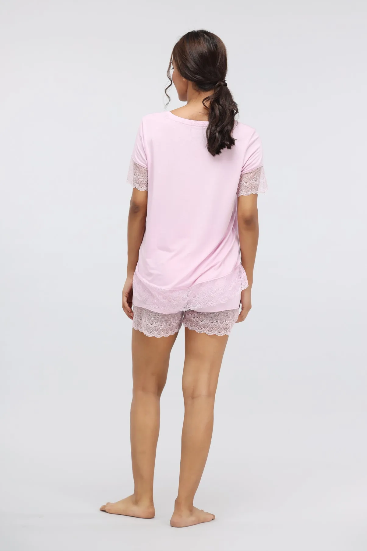 Soft Pink Lace Modal Shorts Set