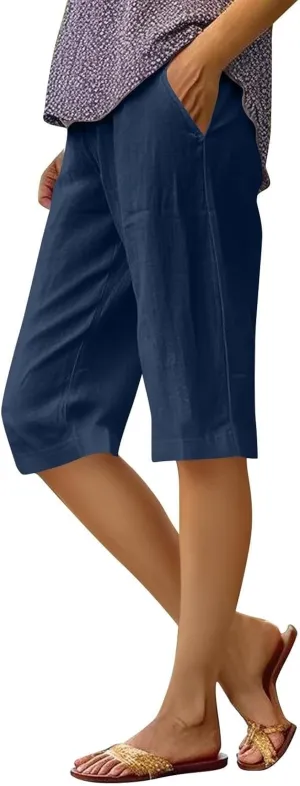 Summer Bermuda Shorts for Women Knee Length 2025 Trendy Linen Shorts Lightweight Casual Beach Short Pants