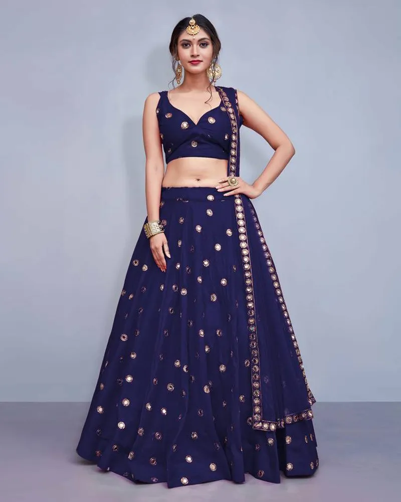Tafeta Silk Royal Blue Lehenga Choli Dupatta Set with Real Mirror Work