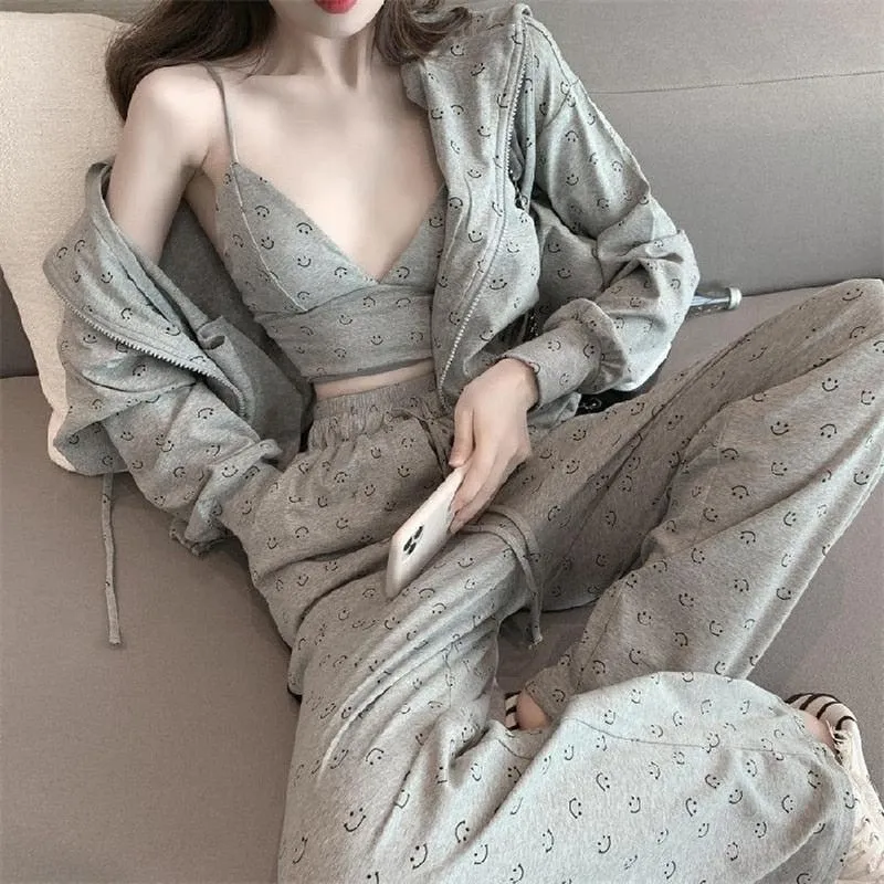 VenusFox Fashion Pajamas for Women Cotton Spring Home Clothes for Women Gray Women Sexy 3 Piece Set Women Sleepwear Set