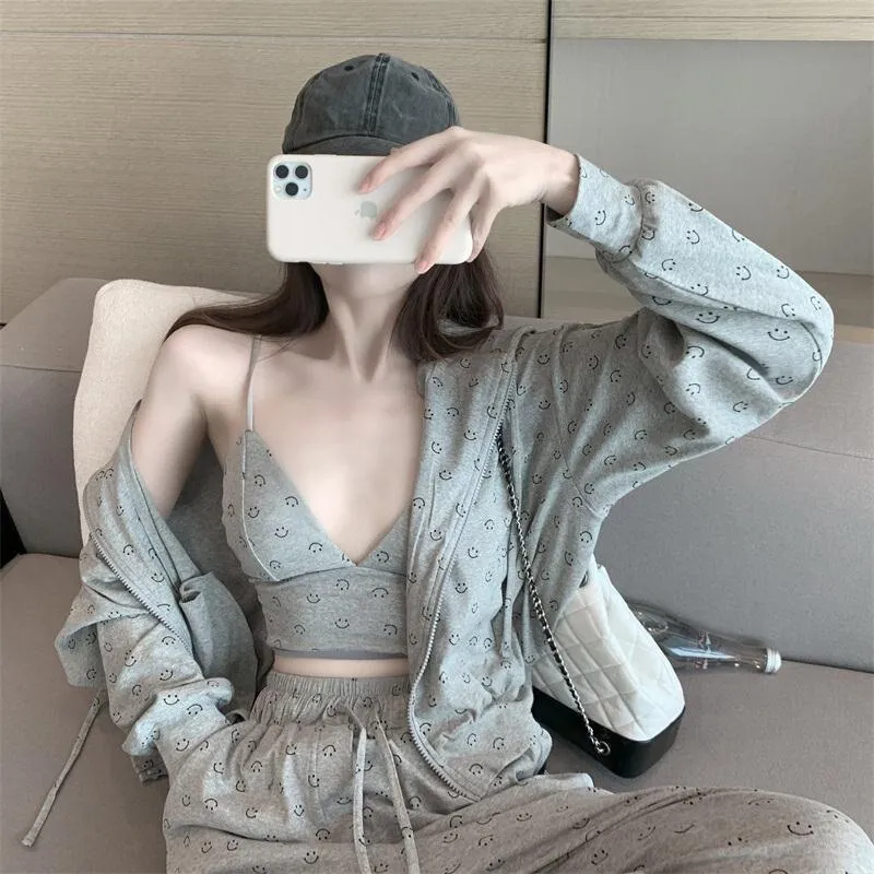 VenusFox Fashion Pajamas for Women Cotton Spring Home Clothes for Women Gray Women Sexy 3 Piece Set Women Sleepwear Set