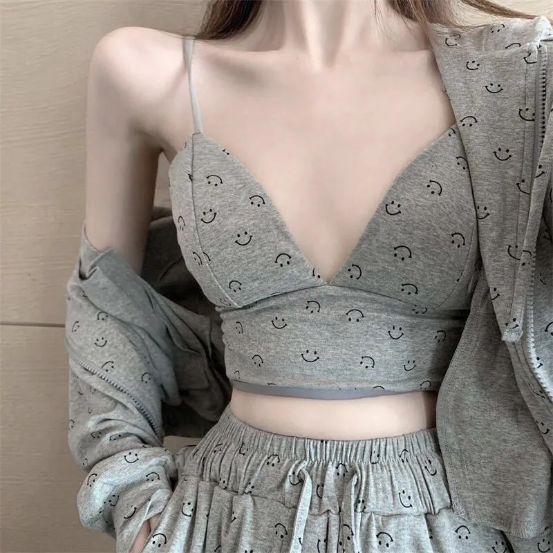 VenusFox Fashion Pajamas for Women Cotton Spring Home Clothes for Women Gray Women Sexy 3 Piece Set Women Sleepwear Set