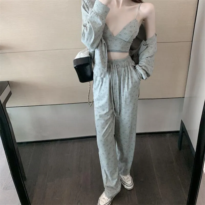 VenusFox Fashion Pajamas for Women Cotton Spring Home Clothes for Women Gray Women Sexy 3 Piece Set Women Sleepwear Set
