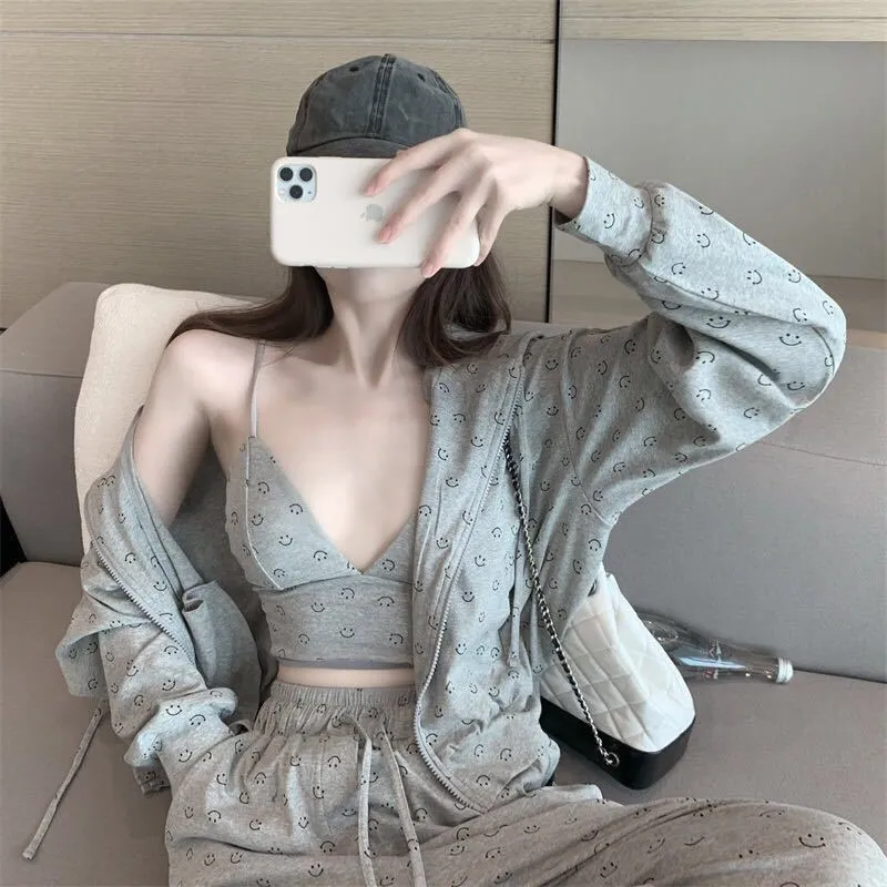 VenusFox Fashion Pajamas for Women Cotton Spring Home Clothes for Women Gray Women Sexy 3 Piece Set Women Sleepwear Set