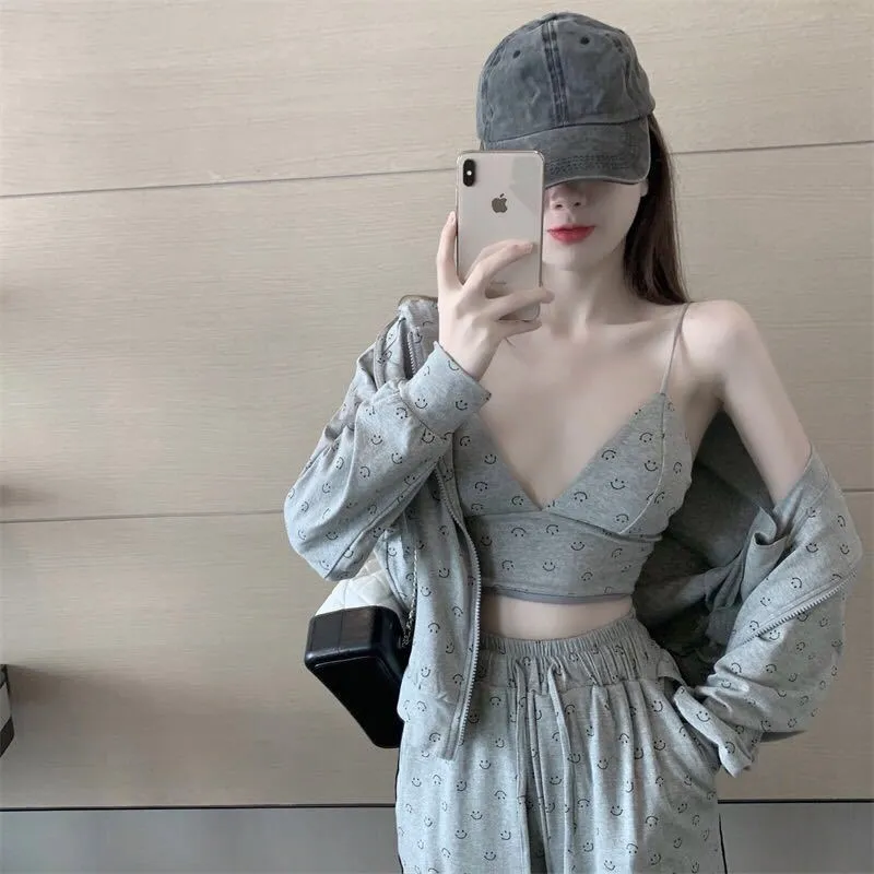 VenusFox Fashion Pajamas for Women Cotton Spring Home Clothes for Women Gray Women Sexy 3 Piece Set Women Sleepwear Set