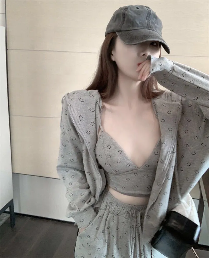 VenusFox Fashion Pajamas for Women Cotton Spring Home Clothes for Women Gray Women Sexy 3 Piece Set Women Sleepwear Set
