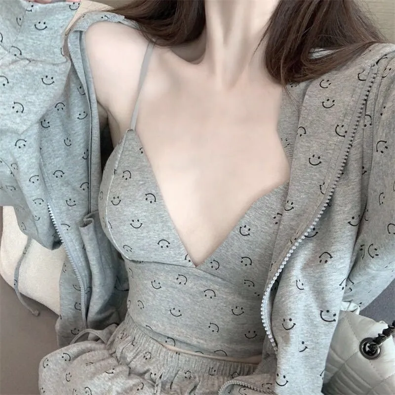 VenusFox Fashion Pajamas for Women Cotton Spring Home Clothes for Women Gray Women Sexy 3 Piece Set Women Sleepwear Set