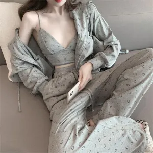 VenusFox Fashion Pajamas for Women Cotton Spring Home Clothes for Women Gray Women Sexy 3 Piece Set Women Sleepwear Set