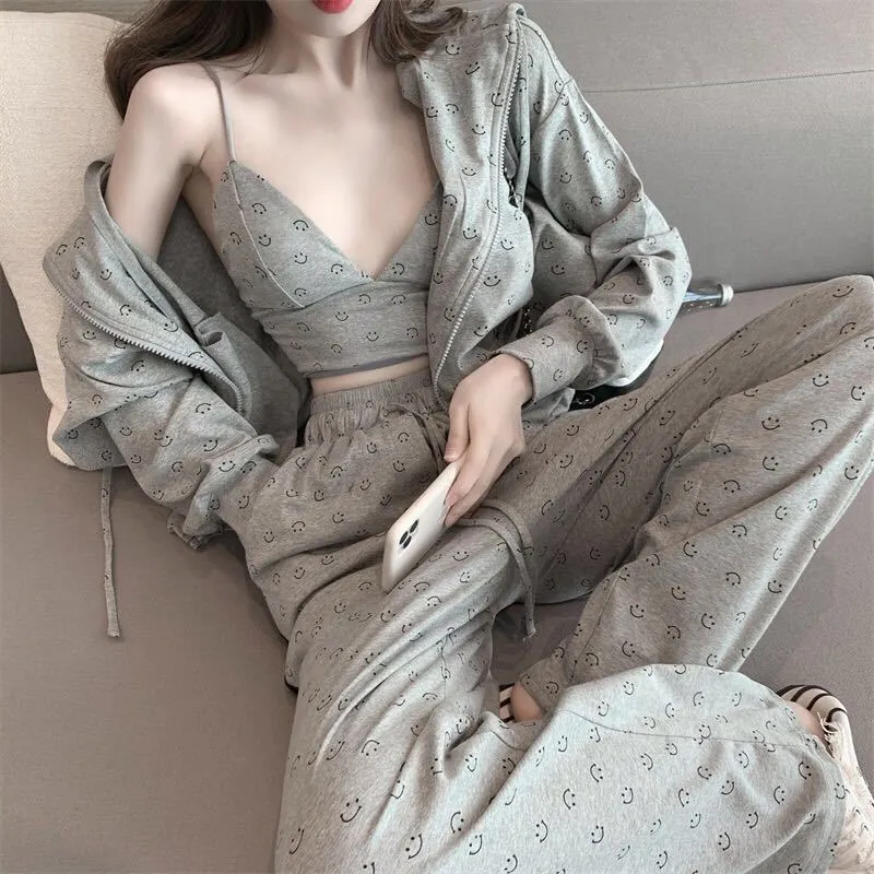 VenusFox Fashion Pajamas for Women Cotton Spring Home Clothes for Women Gray Women Sexy 3 Piece Set Women Sleepwear Set