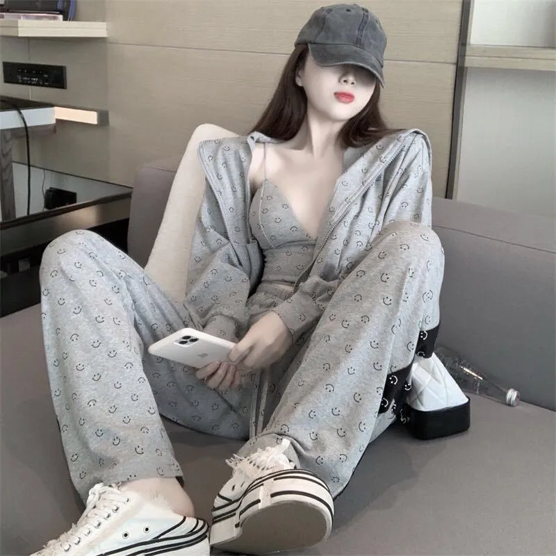 VenusFox Fashion Pajamas for Women Cotton Spring Home Clothes for Women Gray Women Sexy 3 Piece Set Women Sleepwear Set