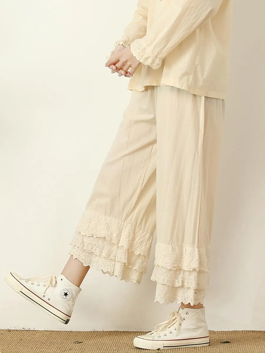 Vintage Lace Pettipants Slips Embroidery Flower Womens Lightweight Cotton Linen Bloomer Shorts Lounge Short Pants