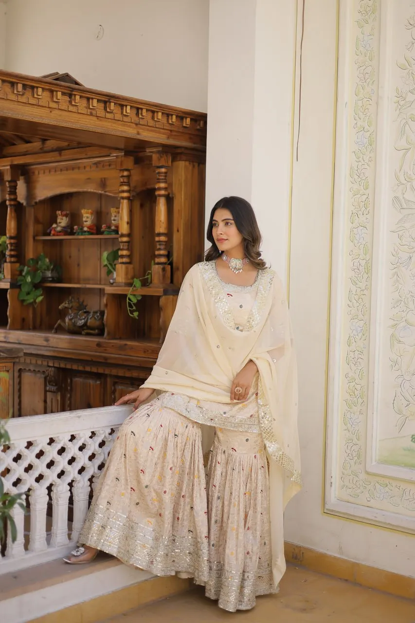 Viscose Jacquard Sequined Off White Kurti with Embroidered Sharara & Russian Silk Dupatta