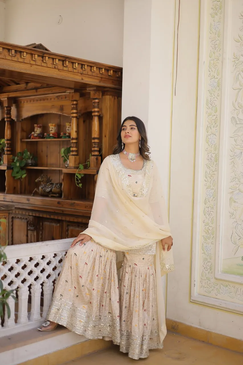 Viscose Jacquard Sequined Off White Kurti with Embroidered Sharara & Russian Silk Dupatta
