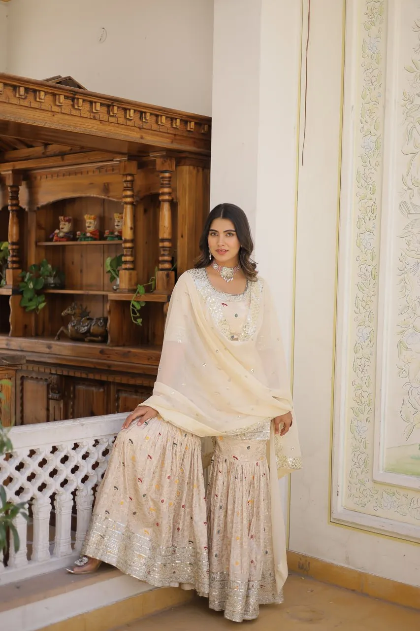 Viscose Jacquard Sequined Off White Kurti with Embroidered Sharara & Russian Silk Dupatta