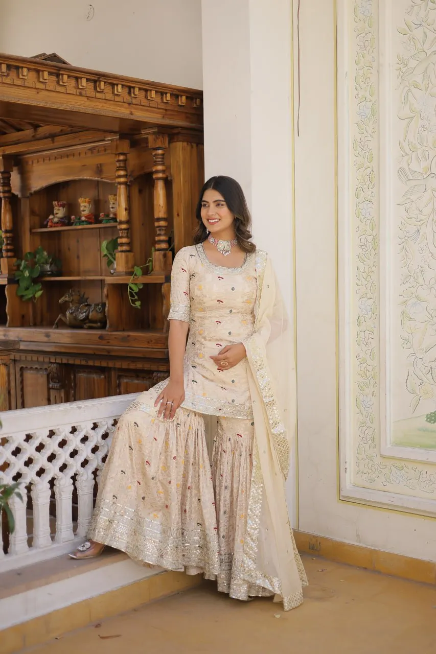 Viscose Jacquard Sequined Off White Kurti with Embroidered Sharara & Russian Silk Dupatta