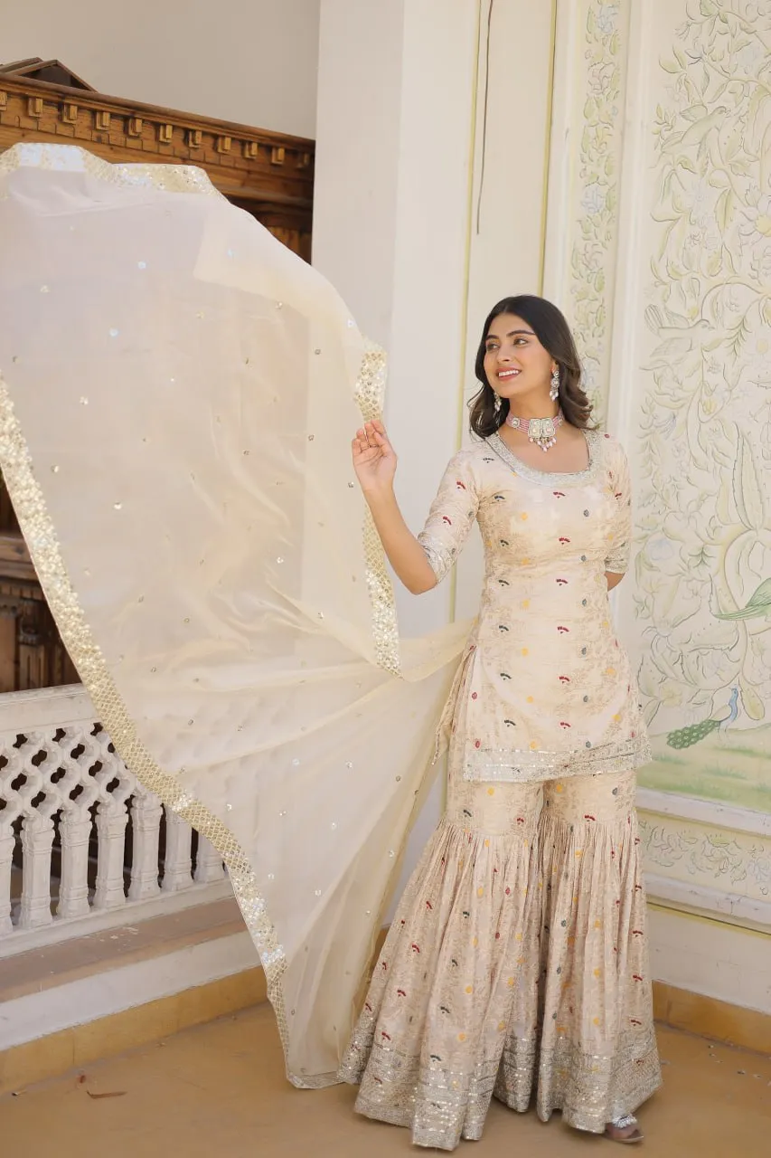 Viscose Jacquard Sequined Off White Kurti with Embroidered Sharara & Russian Silk Dupatta