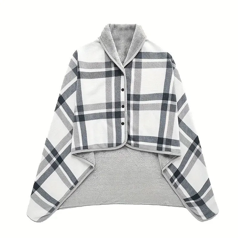 Warm and Cozy Wearable Plaid Flannel Shawl Wrap Blanket with Buttons