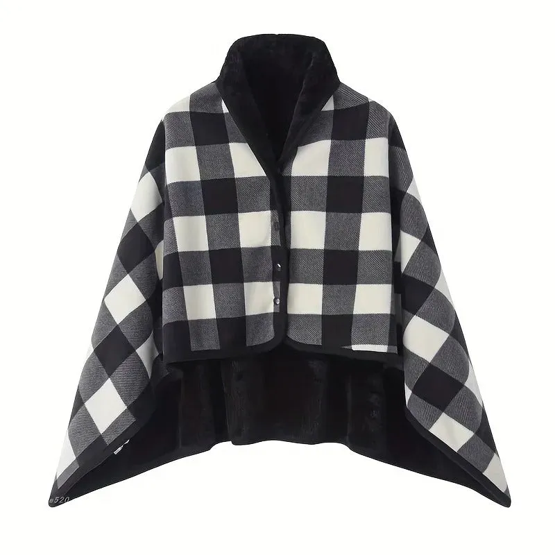 Warm and Cozy Wearable Plaid Flannel Shawl Wrap Blanket with Buttons