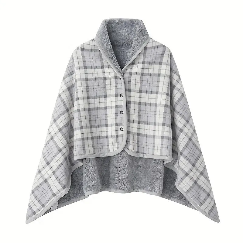 Warm and Cozy Wearable Plaid Flannel Shawl Wrap Blanket with Buttons