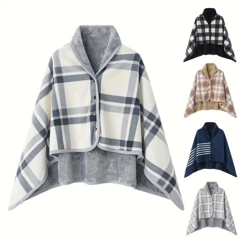 Warm and Cozy Wearable Plaid Flannel Shawl Wrap Blanket with Buttons