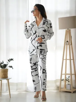 White With Black Floral Co-Ord Set