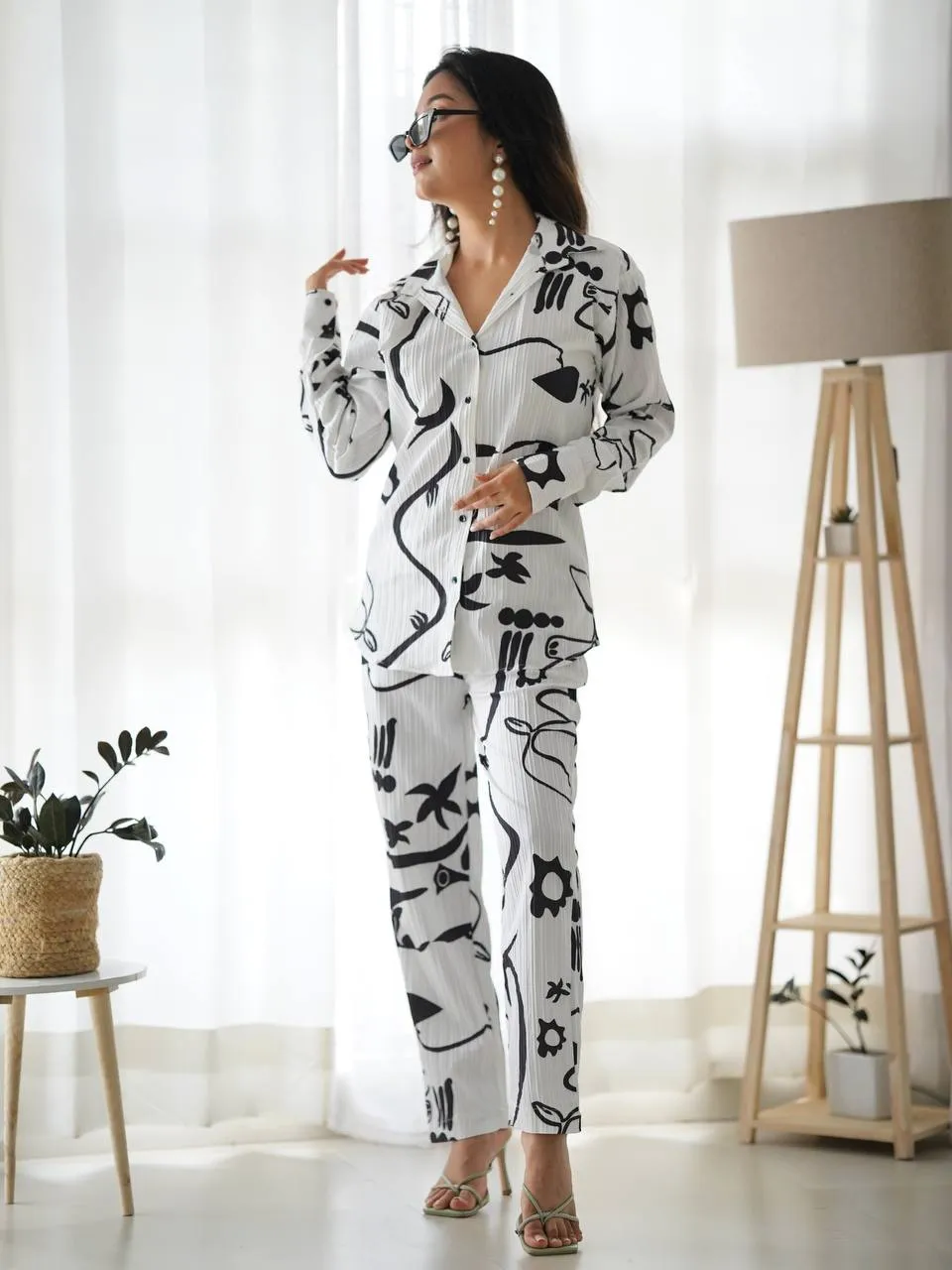 White With Black Floral Co-Ord Set