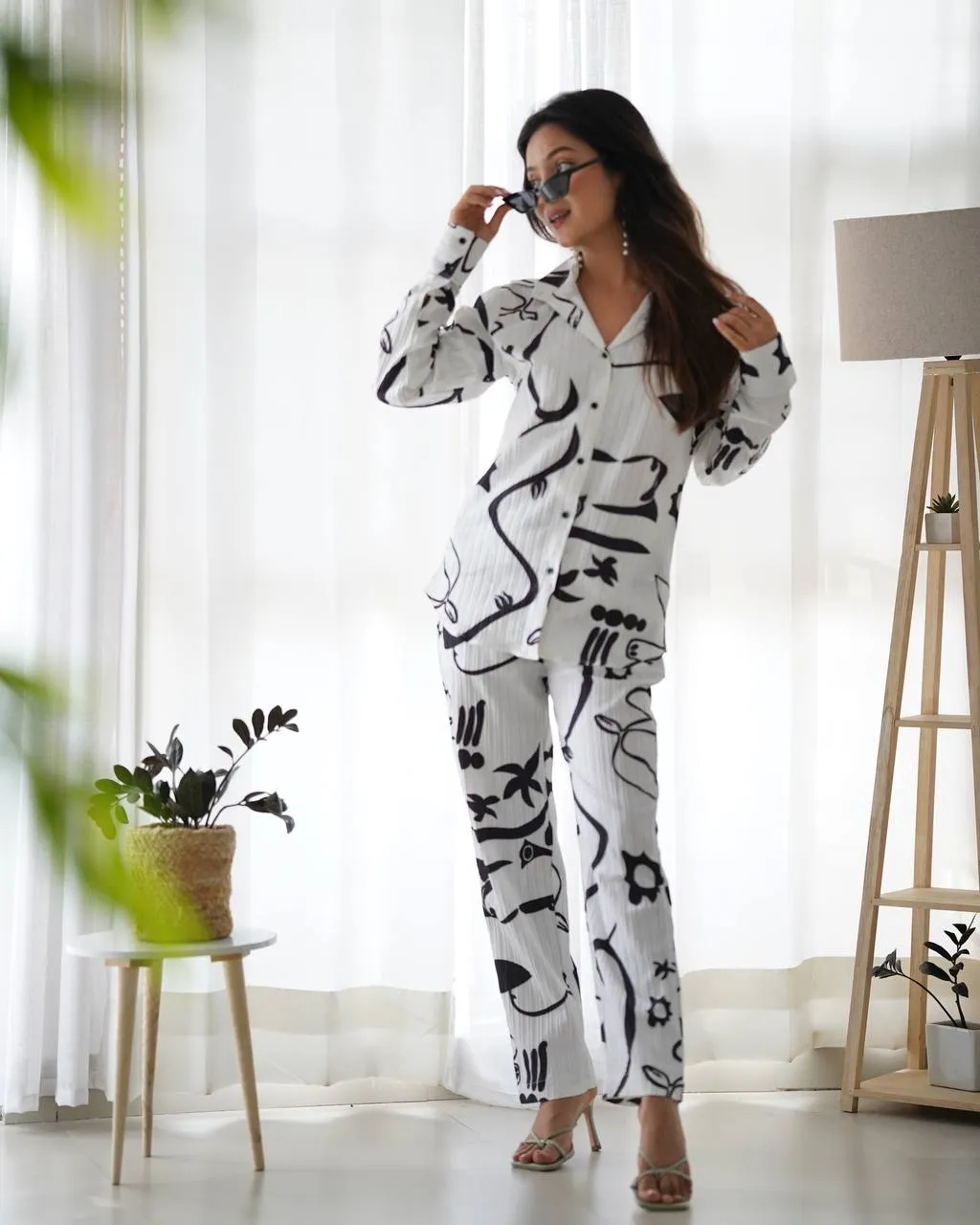 White With Black Floral Co-Ord Set