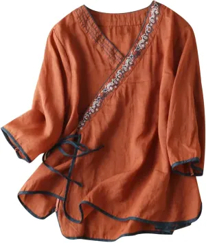 Women Cotton Linen Shirts Vintage Chinese Embroidery 3/4 Sleeve Casual Trendy Tops Loose V Neck Side Tie Slit Blouse
