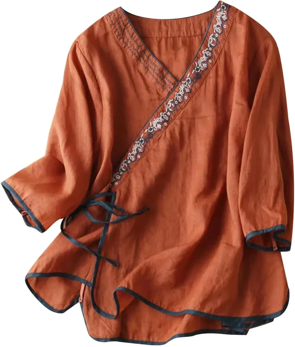 Women Cotton Linen Shirts Vintage Chinese Embroidery 3/4 Sleeve Casual Trendy Tops Loose V Neck Side Tie Slit Blouse
