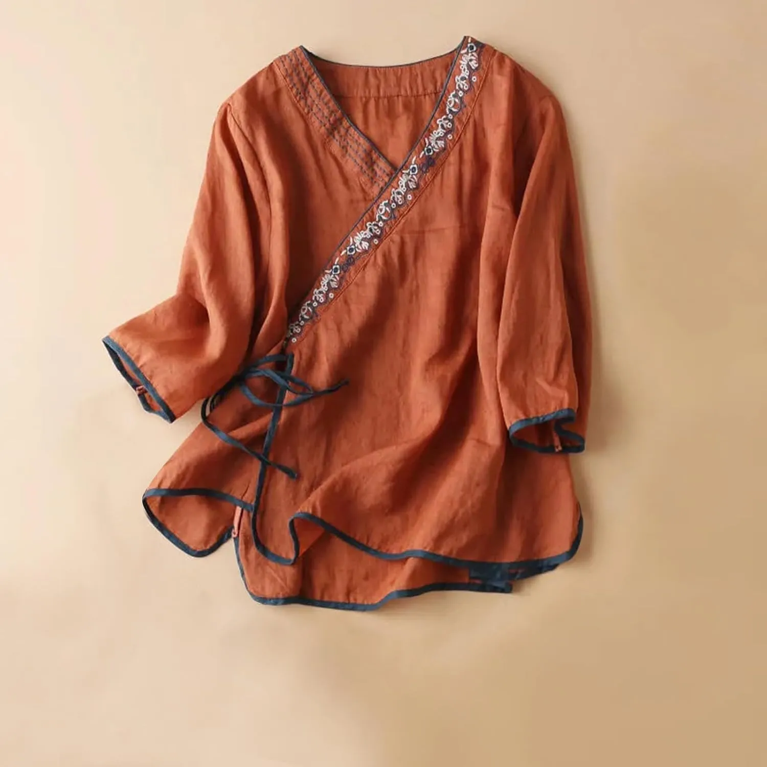 Women Cotton Linen Shirts Vintage Chinese Embroidery 3/4 Sleeve Casual Trendy Tops Loose V Neck Side Tie Slit Blouse