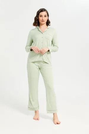 Women Green Plain Classic Pyjama Set (2 Piece)