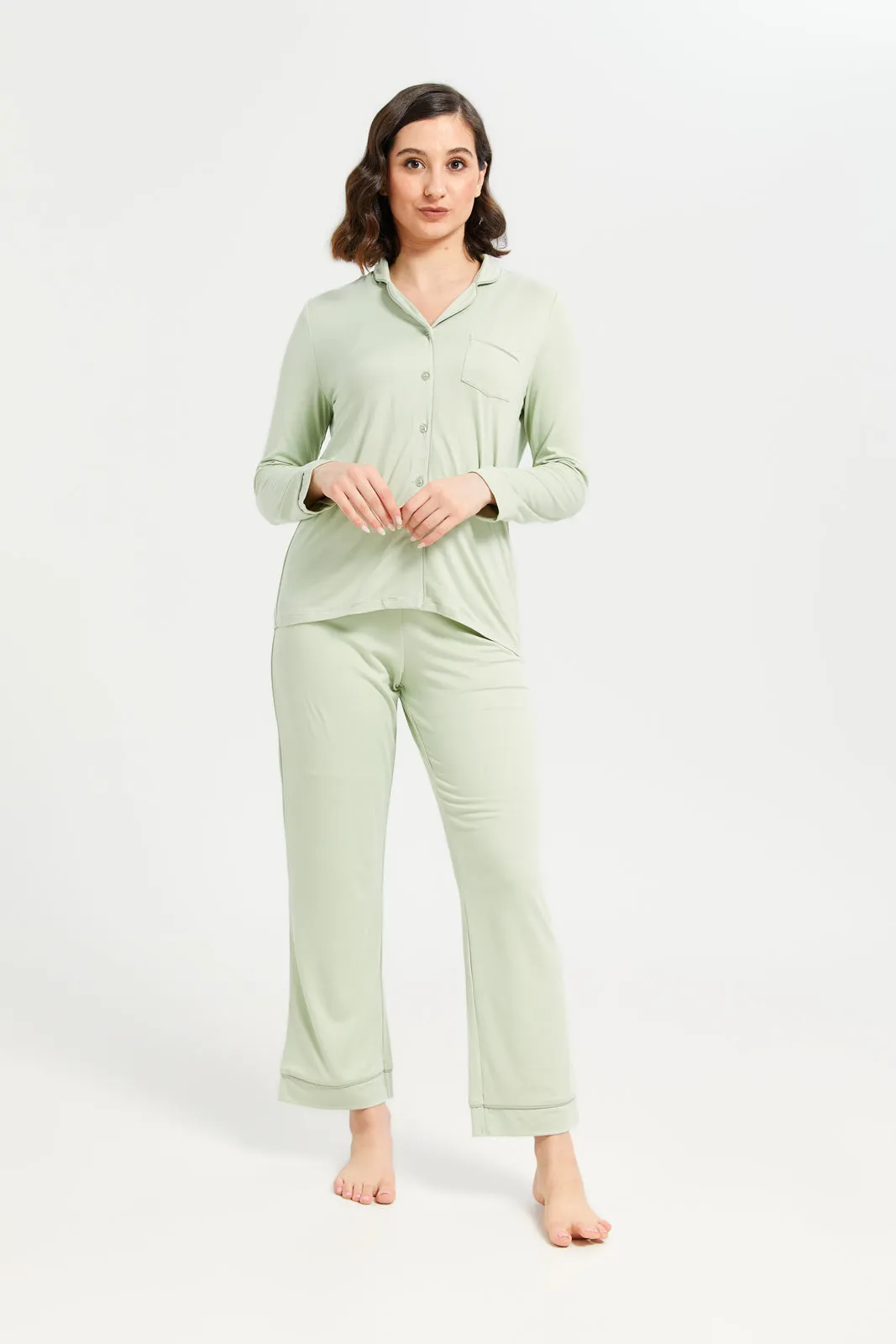 Women Green Plain Classic Pyjama Set (2 Piece)