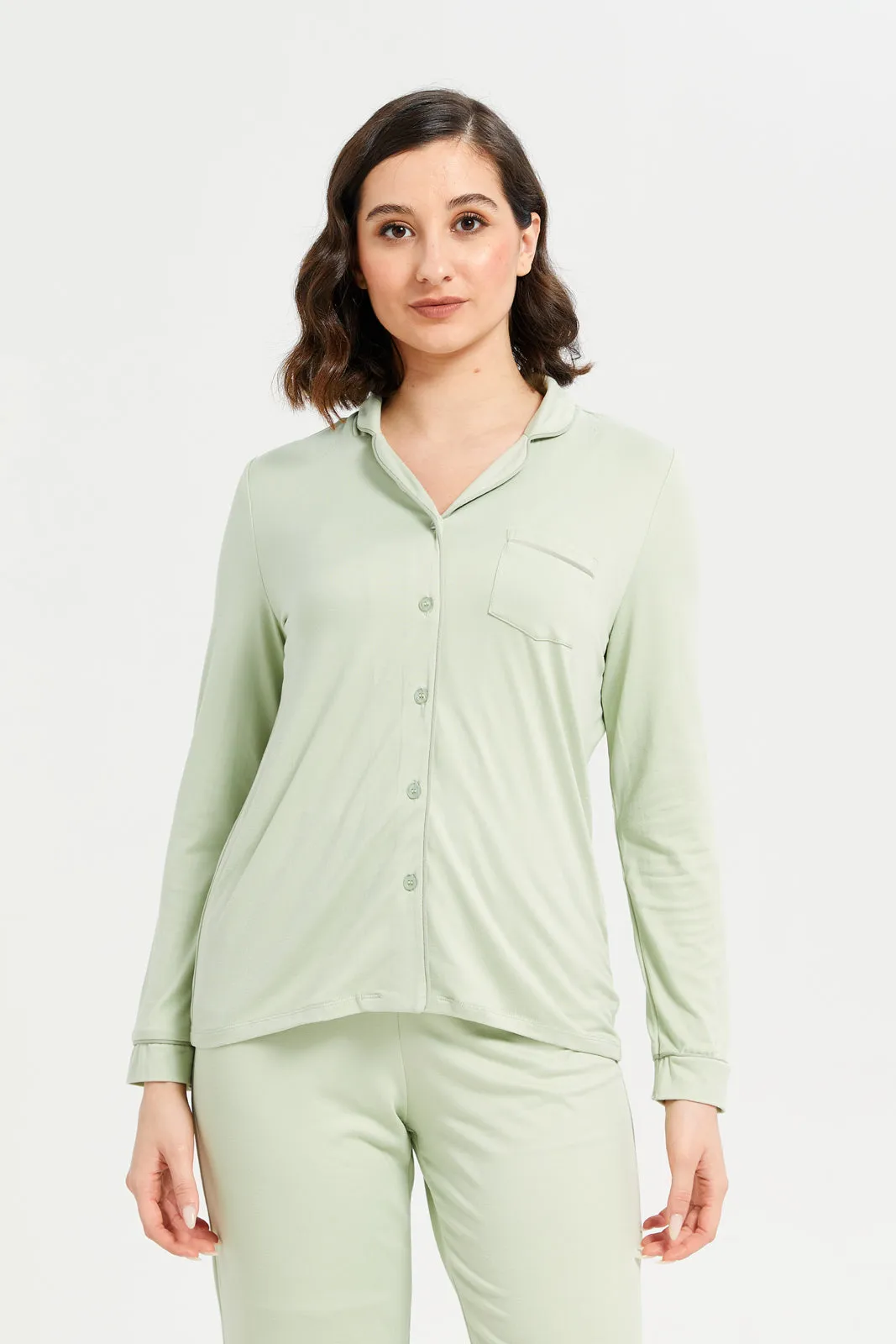 Women Green Plain Classic Pyjama Set (2 Piece)