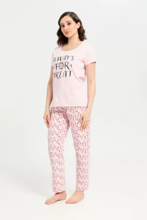 Women Pink Printed Short Sleeve Pyjama Set (2 Piece)