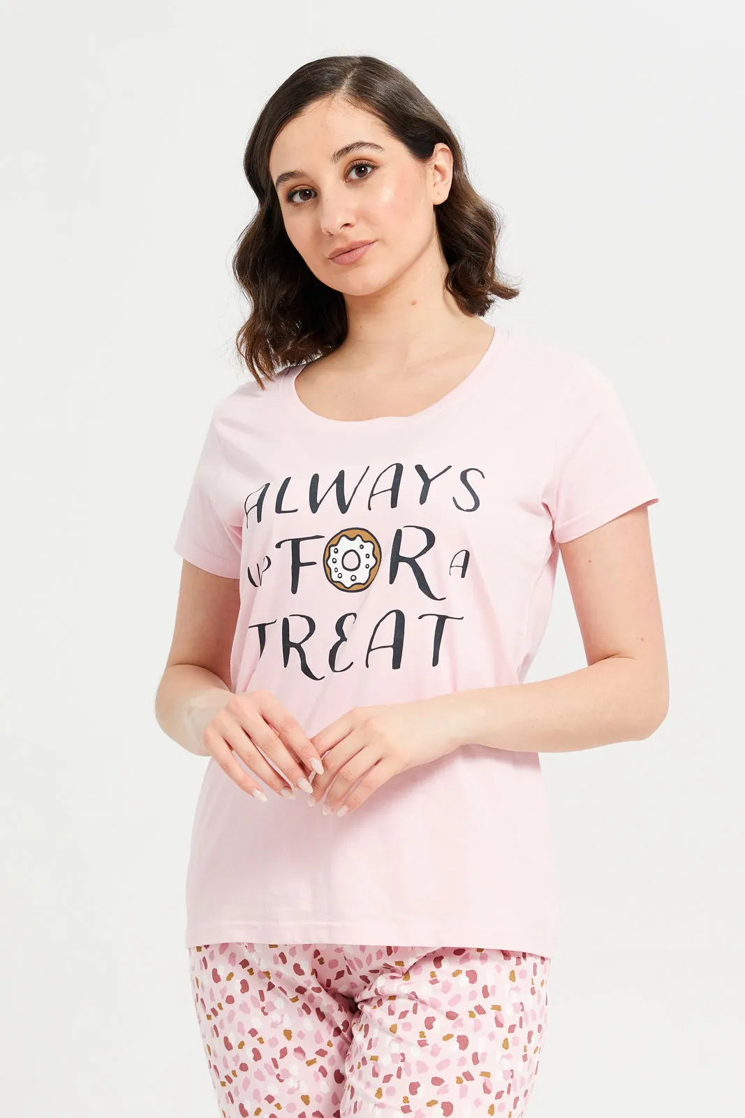 Women Pink Printed Short Sleeve Pyjama Set (2 Piece)