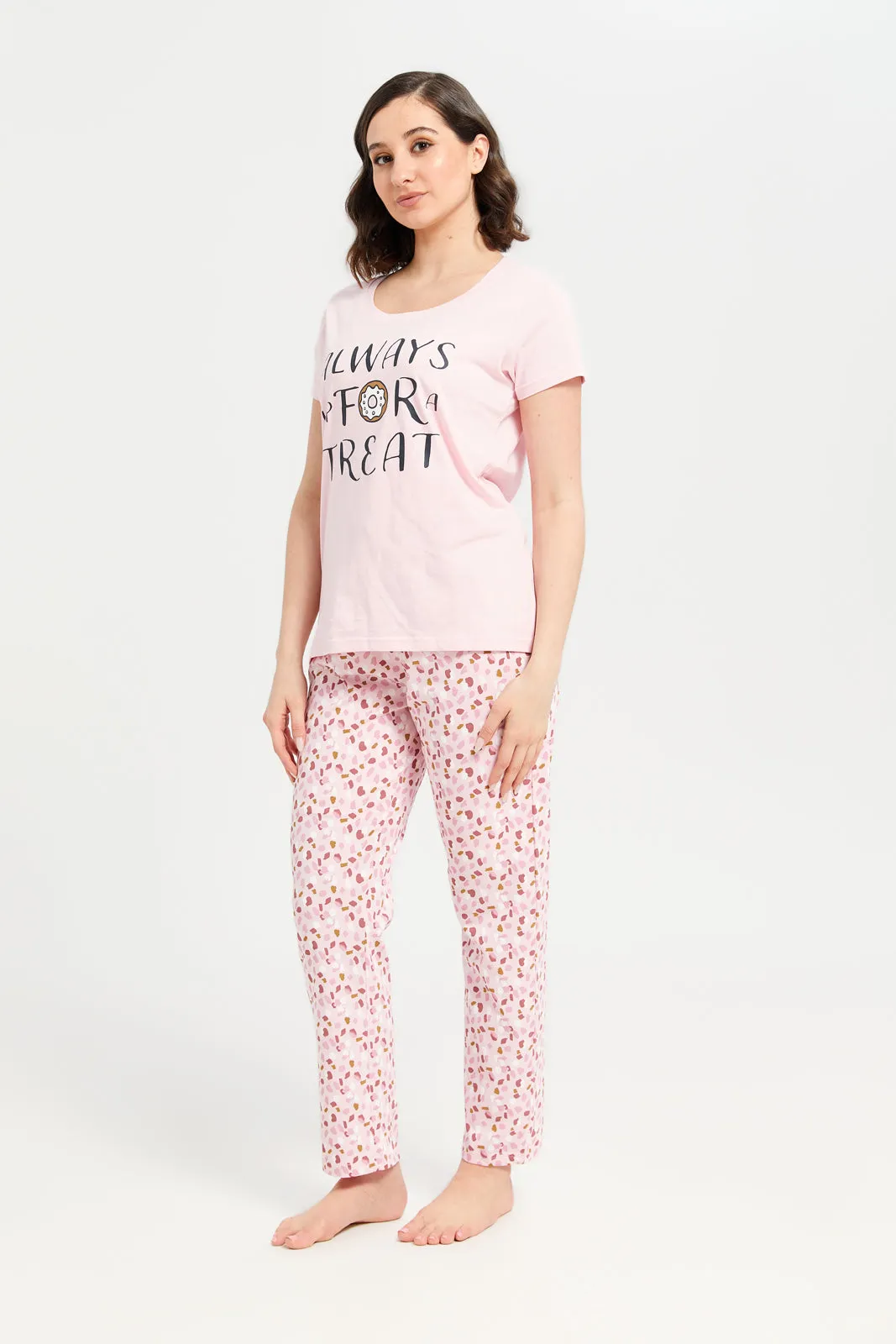 Women Pink Printed Short Sleeve Pyjama Set (2 Piece)