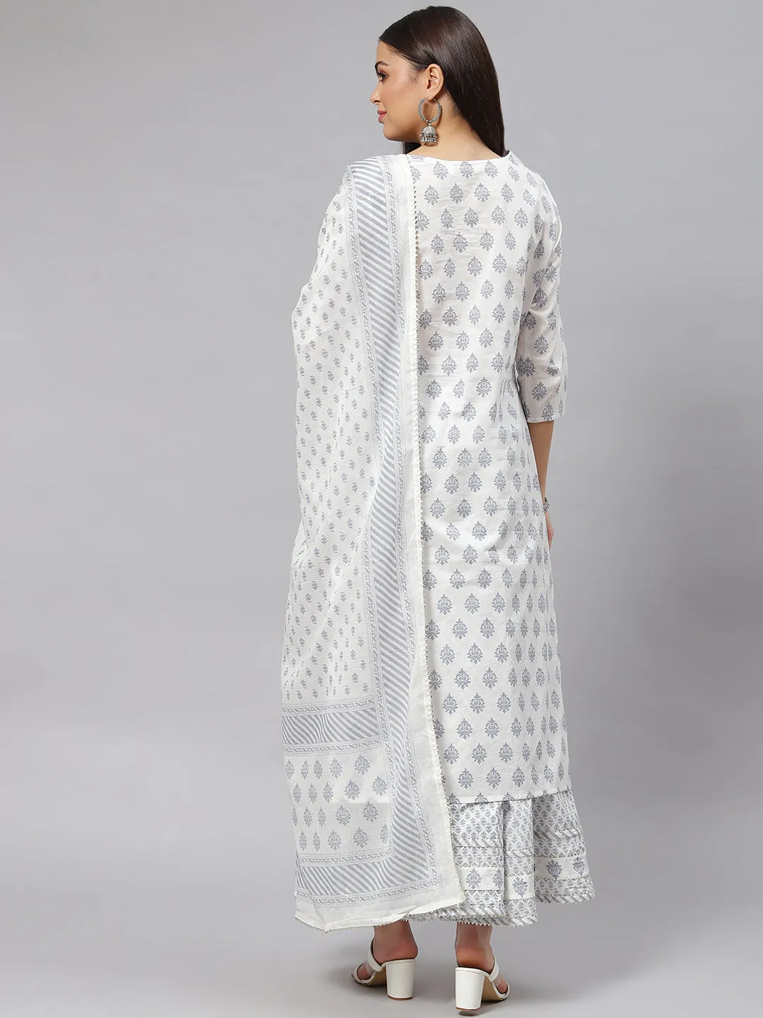 Women White Floral Straight Kurta Palazoo Set With Dupatta