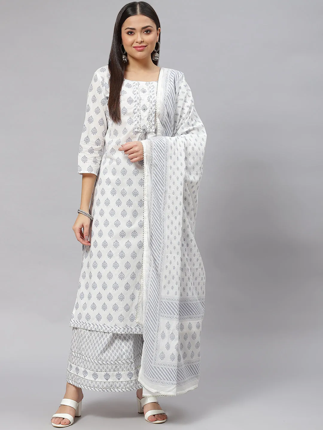 Women White Floral Straight Kurta Palazoo Set With Dupatta